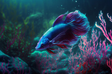 Wall Mural -  illustration of colorful Betta fish swimming underwater , glitter glow light reflect from scale