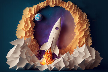 Wall Mural - paper art style illustration of space rocket 