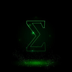 A large green outline sigma symbol on the center. Green Neon style. Neon color with shiny stars. Vector illustration on black background