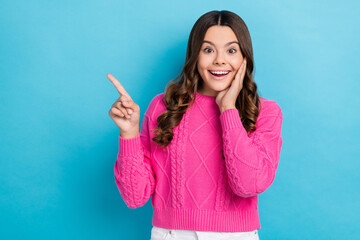 Canvas Print - Photo of glad astonished lady wear knitted stylish clothes arm demonstrate empty space offer discounts isolated on blue color background