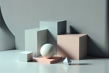 Wall Mural -  a white ball is sitting on a block of concrete next to a white cube and a white ball on a block of concrete. Generative AI