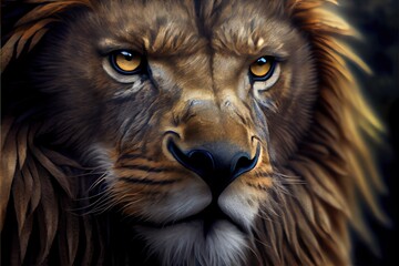 Wall Mural - a lion with a very large mane and blue eyes is shown in this painting of a lion's face. generative a