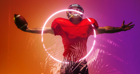 Sticker - Composite of american football player with arms outstretched by illuminated circle and plants