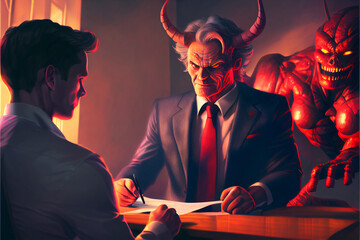 Devil with contract and businessman