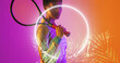 © vectorfusionart - Biracial female player with tennis racket standing by illuminated circle and plants, copy space