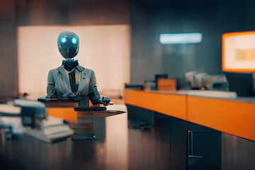 Futuristic office with robot manager worker. Generative AI. Not based