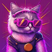 Cool Neon Party Cat In Sunglasses. Generative AI. Not Based On Any
