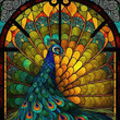 Stained glass window with colorful peacock. Generative AI. Not based