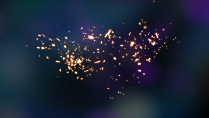 Wall Mural - a digital illustration of an abstract blue bokeh background and glowing yellow particle explosion.