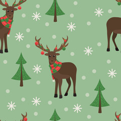 Wall Mural - Christmas pattern for design with reindeer and fir trees