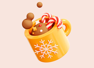 Wall Mural - 3D Christmas coffee cup with candy canes and sweet decorations. Xmas drink in mug. Hot chocolate or cacao. Happy New Year beverage. Cartoon creative design icon isolated on background. 3D Rendering