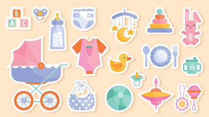 Baby goods stickers. Collection of stickers for social networks and messengers with clothes and toys, utensils. Stroller and diapers. Cartoon flat vector illustrations isolated on beige background