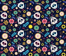 Death Day Seamless Pattern. Repeating Design Element For Printing On Wrapping Paper. Traditional Mexican Holiday And Culture. Greeting Postcard For Festival. Cartoon Flat Vector Illustration