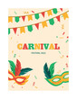Carnival poster or banner. Entertainment and relaxation, masquerade. Bright masks with feathers on background of confetti. Greeting or invitation postcard design. Cartoon flat vector illustration