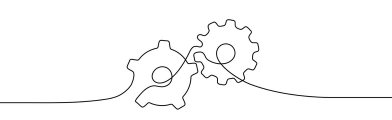 Wall Mural - Gears one line drawing. One continuous line illustration of gears wheels. Two moving cog gear. Vector illustration.