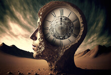 Old Clock In The Desert Face Of A Man Whose Mind Is A Clock, Created With Generative AI Technology
