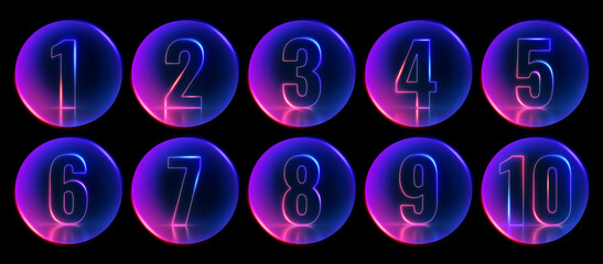 Sticker - 3d render, round buttons with neon numbers from one to ten glowing in the dark with ultraviolet ligh