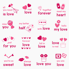 Set of Happy Valentines day typography for greeting cards, gifts, stickers and more.