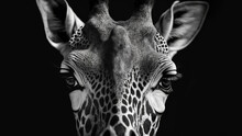 Front View Of Giraffe Isolated On Black Background. Black And White Portrait Of Giraffe. 