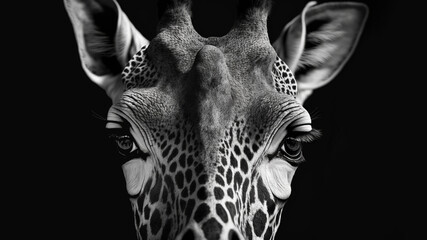 Front view of Giraffe isolated on black background. Black and white portrait of Giraffe. 