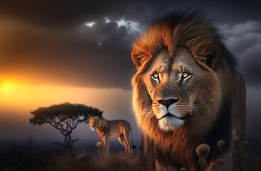 Wall Mural - lion and lioness in the savanna at sunset