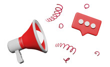 3d Red Megaphone Or Hand Speaker With Chat Bubbles, Social Media Icons Isolated. Online Marketing Shopping, Promotion News For Social Media Networks Concept, 3d Render Illustration