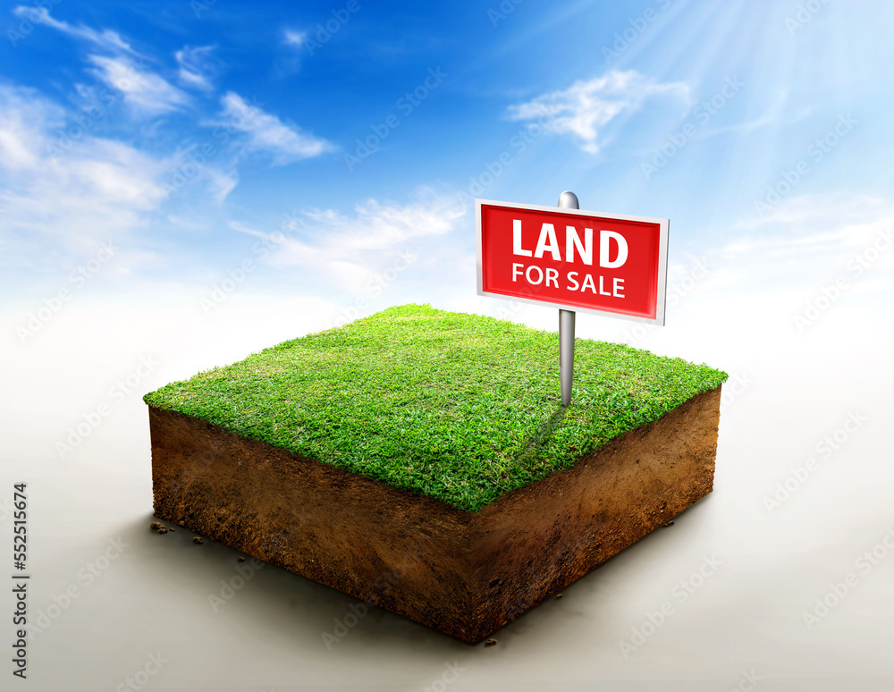Land for sale sign on cubical soil land geology cross section with green  grass, ground ecology isolated on blue sky. real estate sale or property  investment concept. 3d illustration. Stock Photo |