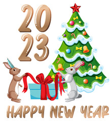 Poster - Happy New Year text with cute rabbit for banner design