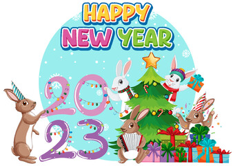 Poster - Happy New Year text with cute rabbit for banner design