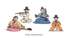 Korean Traditional Music. Musicians Playing Various Instruments.