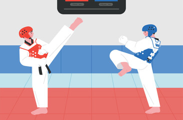 Wall Mural - Korean traditional martial arts. Two athletes wearing protective gear and having a taekwondo match.