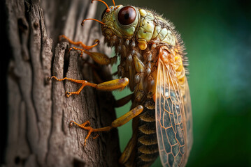 Wall Mural - Molting cicada on a tree branch in close-up. Generative AI