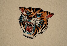 Old School Traditional Tattoo Inspired Cool Graphic Design Illustration Angry Tiger Head Roaring For Merchandise T Shirts Stickers Label Logos Decoration Wallpaper
