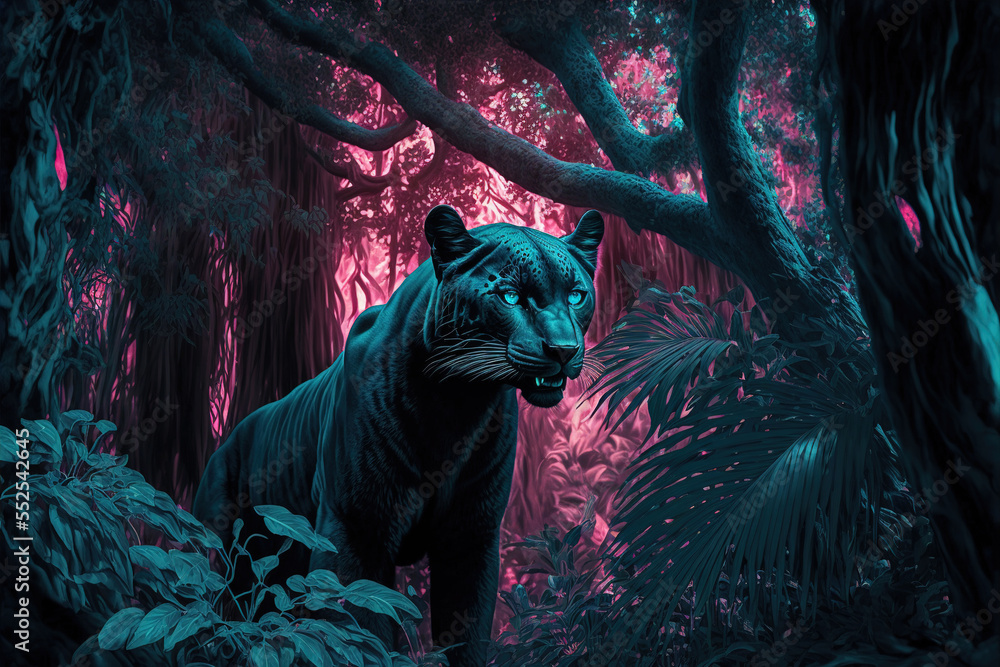 Black panther in the night jungle. Digital art Stock Illustration ...