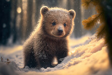 Brown Bear Cub In The Snowy Forest. Wildlife Scene. Digital Artwork