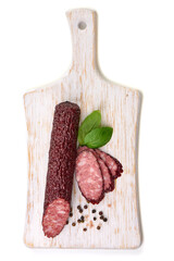 Wall Mural - Sliced Smoked sausage. Top view. Isolated on a white background.