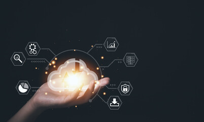 Wall Mural - businessman's hands showing a diagram of cloud computing information technology icon. big data.