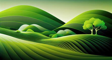 Wall Mural - Green nature landscape with tree and hills als ecology concept wallpaper (Generative AI)