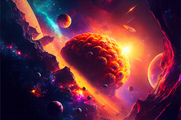 Aufkleber - fantastic space background with planets and stars in super vibrant colors and high saturation