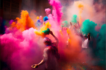 A picture of splash of colour powder in a holi festival in india , AI generate 