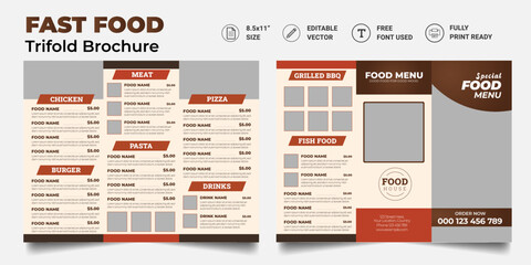 Trifold Food menu Brochure Template. restaurant menu. Fast-food healthy meals delicious food, dessert trifold design.