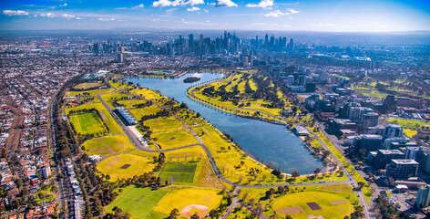 Poster - Melbourne, Australia. Aerial city skyline from helicopter. Skyscrapers, park and lake.