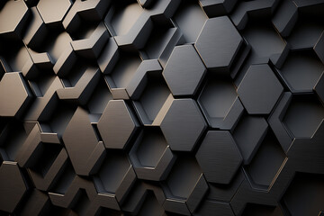 Hexagonal dark grey, black background texture, generative ai