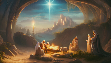 Wall Mural - Christmas nativity scene of born child baby Jesus Christ in the manger.