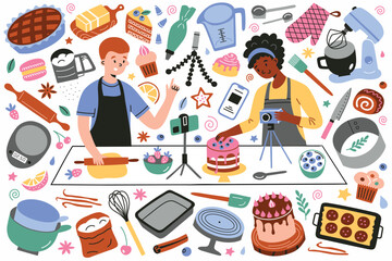 Food bloggers make baking tutorials, kitchen utensils, pastry hand drawn set, doodle icons of phone stand, whisk, cake, vector illustrations of cooking tools, video recipes, isolated colored clipart