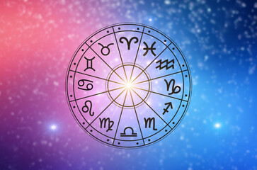 zodiac signs inside of horoscope circle. astrology in the sky with many stars and moons astrology an