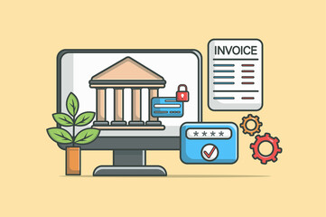 Wall Mural - online banking concept in flat line design. financial service color outline scene. objects compositi