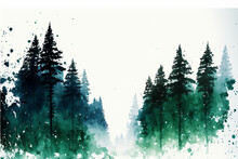 Winter Fir Tree Forest In The Snow Watercolor, Digital Illustration