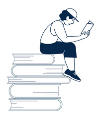 Wall Mural - Guy sitting on giant book stack and reading. Literature lover icon