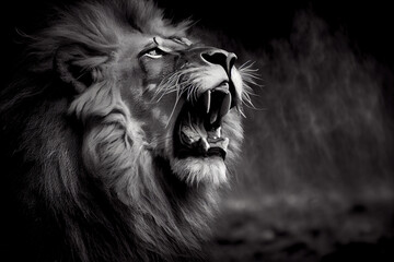 black and white lion portrait